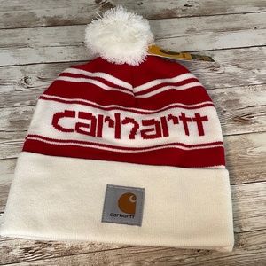 Carhartt Logo knit cuffed Pom Pom Winter/Snow Beanie Hat NWT